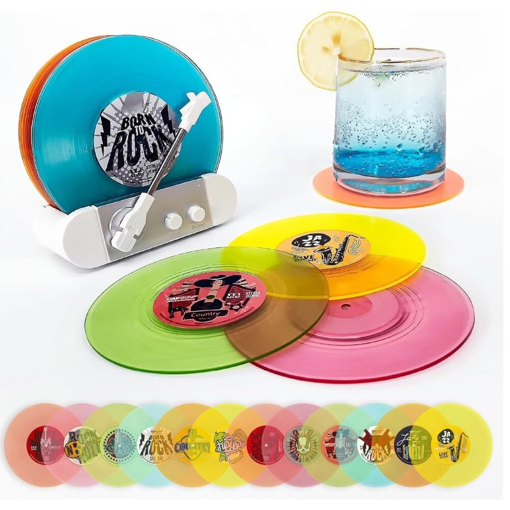SET 12 Funny Retro Vinyl Record Coasters with Faux Record Player Storage Stand